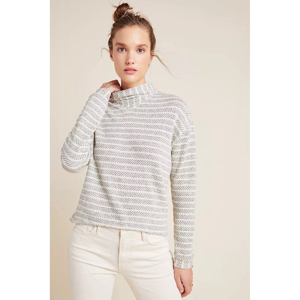 Anthropologie x Amadi MIRIELLE Grey White Striped Mock Neck Pullover Size XS